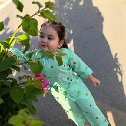 Cyan - Floral Print Kids Jumpsuit
