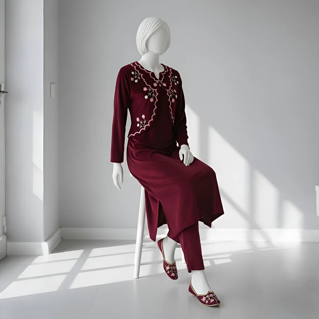 Maroon - Half Jacket Velvet Co-Ord Set