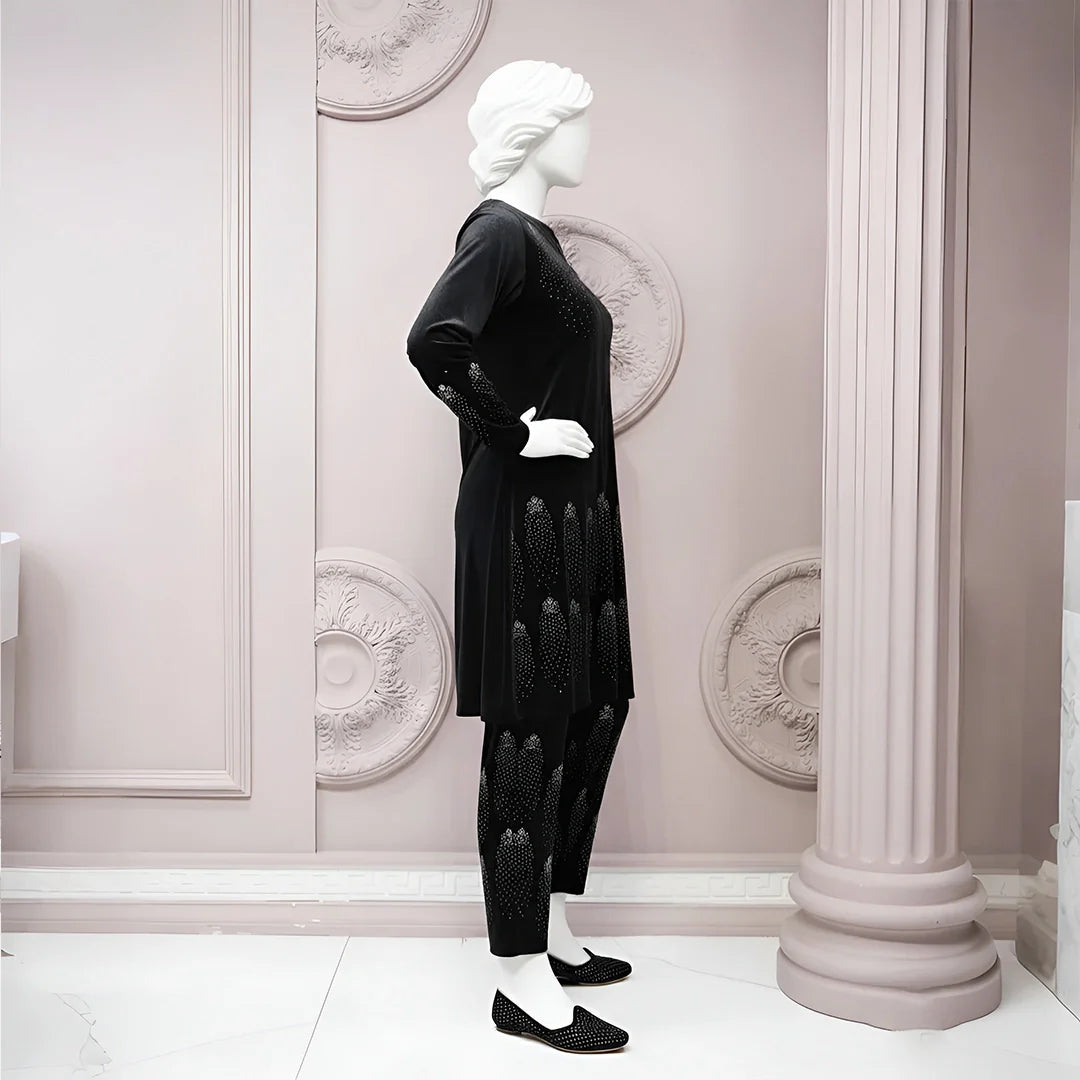 Black - Velvet Co-Ord Set with Stone Detailing