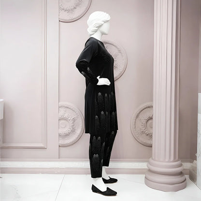 Black - Velvet Co-Ord Set with Stone Detailing