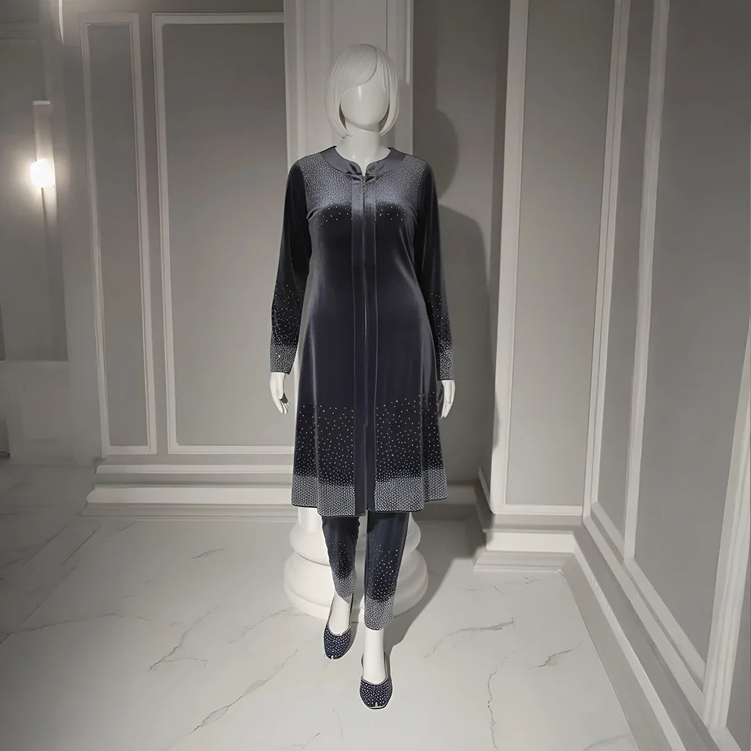 Premium Grey Velvet Co-Ord with Stone Detailing