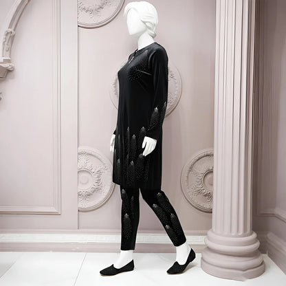 Black - Velvet Co-Ord Set with Stone Detailing