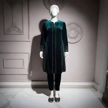 Sea Green - Attractive Stone Work Velvet Co-Ord Set
