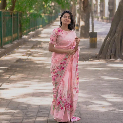 Exquisite Floral Printed Pink Sharee