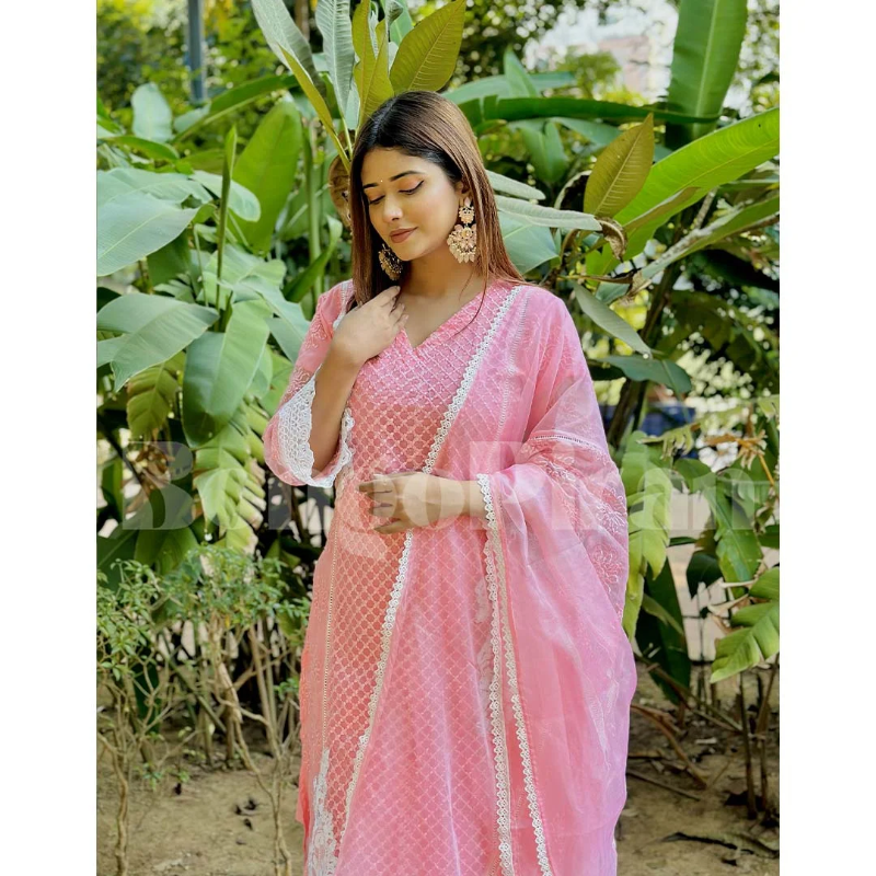 Pastel Pink Lace Detailing Suit Set