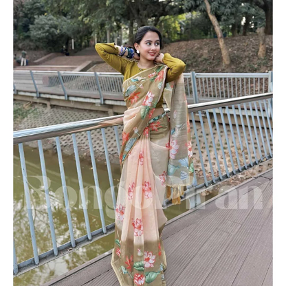 Arindam - Floral Printed Synthetic Saree