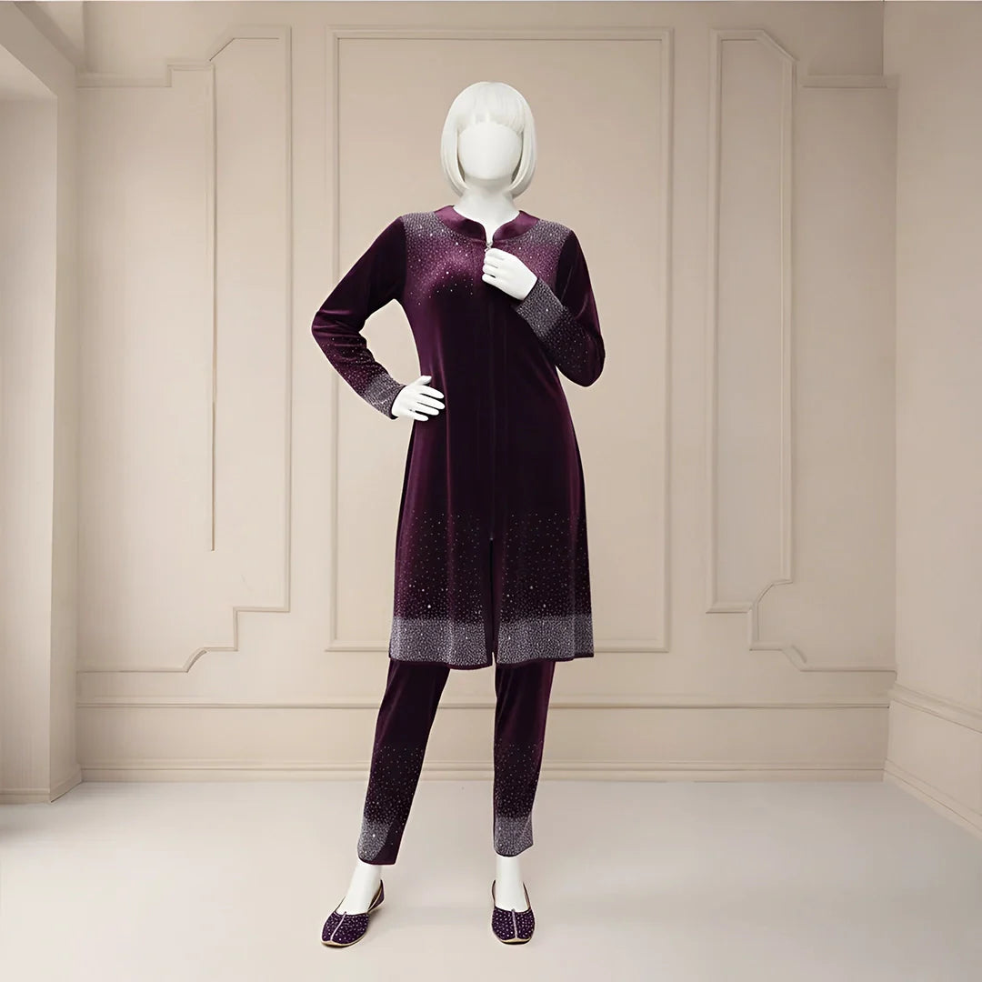 Premium Wine Velvet Co-Ord with Stone Detailing