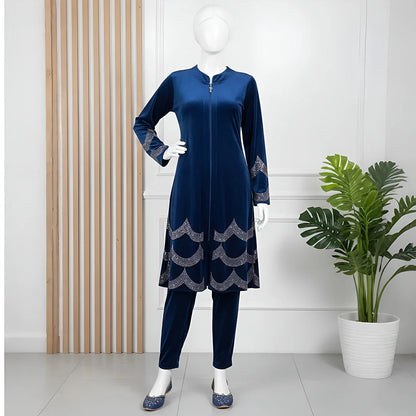 Blue - Velvet Co-Ord with Intricate Stone Work