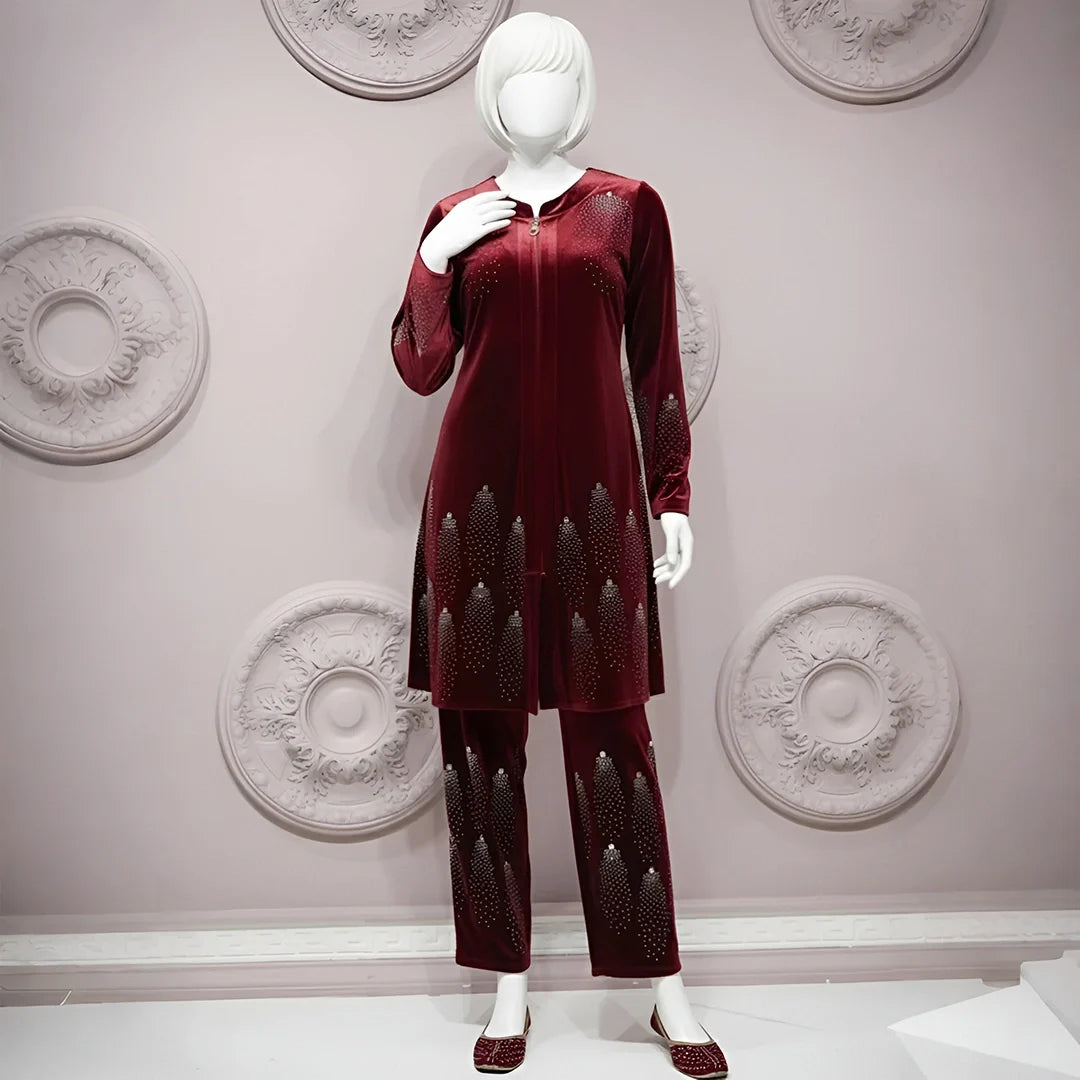 Maroon - Velvet Co-Ord Set with Stone Detailing