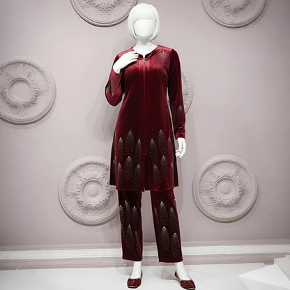 Maroon - Velvet Co-Ord Set with Stone Detailing