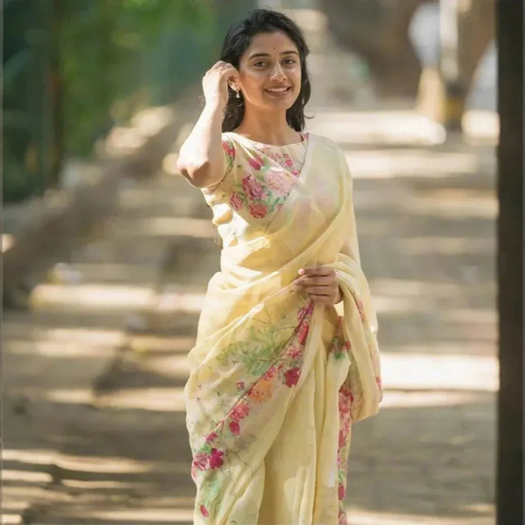 Exquisite Floral Printed White Sharee