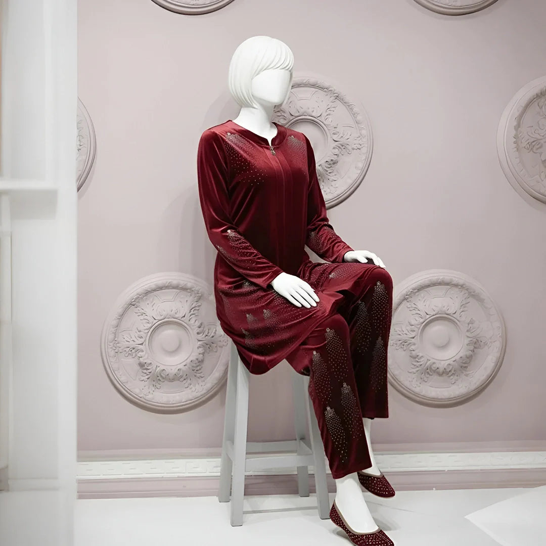 Maroon - Velvet Co-Ord Set with Stone Detailing