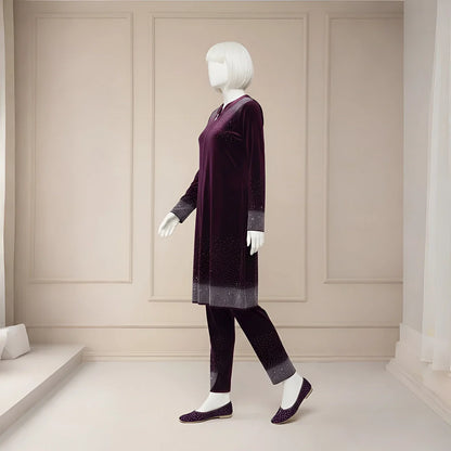 Premium Wine Velvet Co-Ord with Stone Detailing