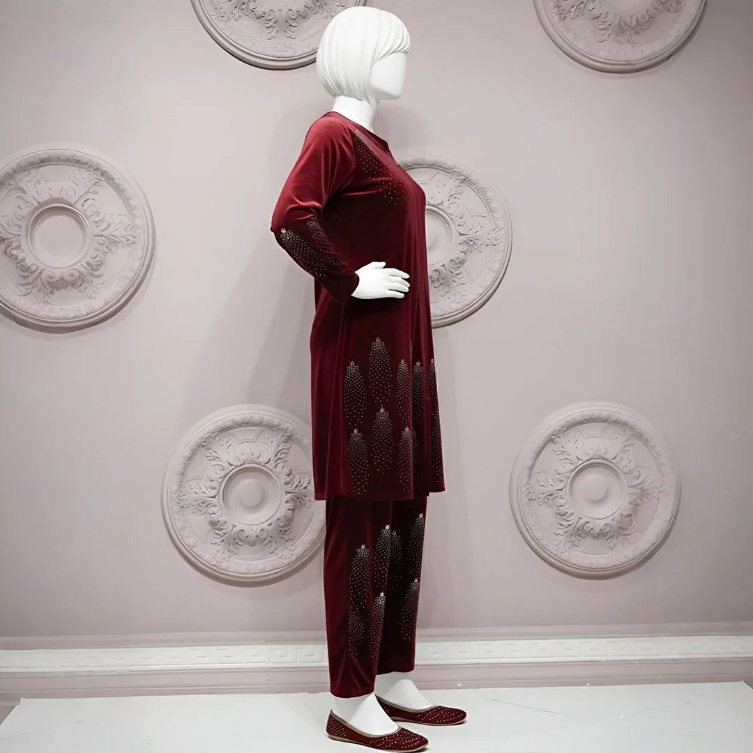 Maroon - Velvet Co-Ord Set with Stone Detailing