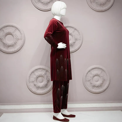 Maroon - Velvet Co-Ord Set with Stone Detailing