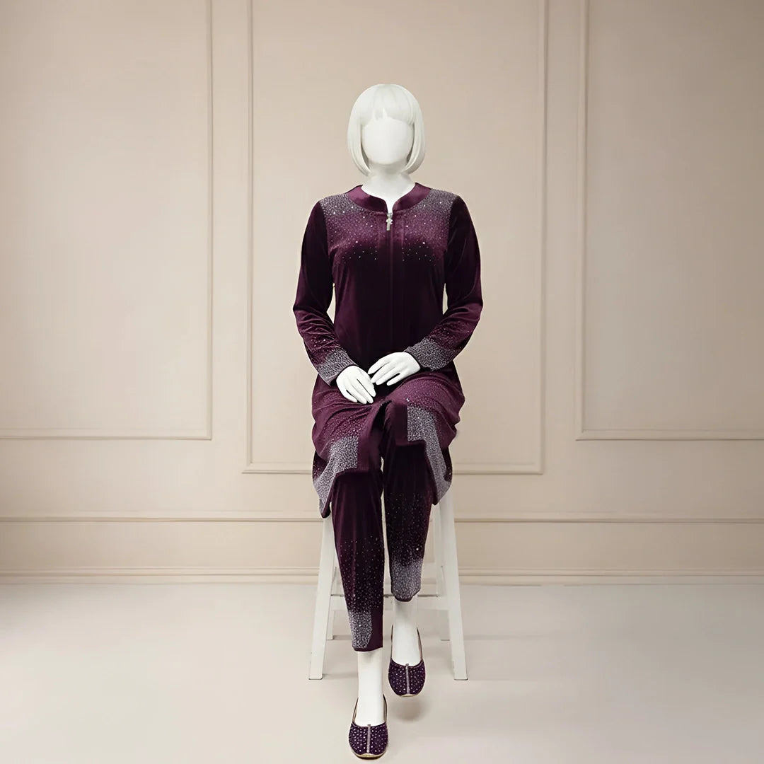 Premium Wine Velvet Co-Ord with Stone Detailing
