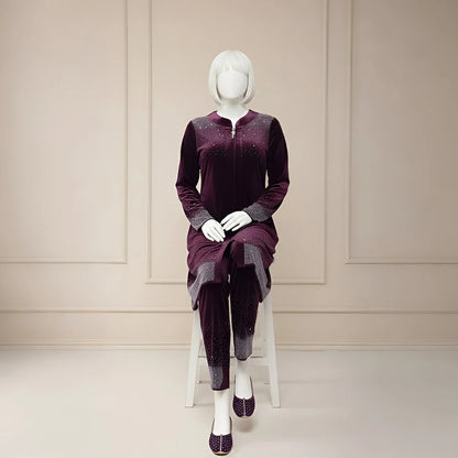 Premium Wine Velvet Co-Ord with Stone Detailing
