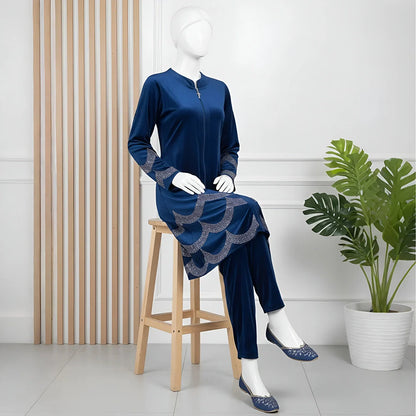 Blue - Velvet Co-Ord with Intricate Stone Work