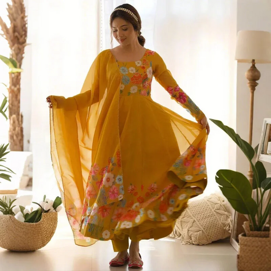 Digitally Floral Printed Yellowish Orange Soft Organza Anarkali Suit