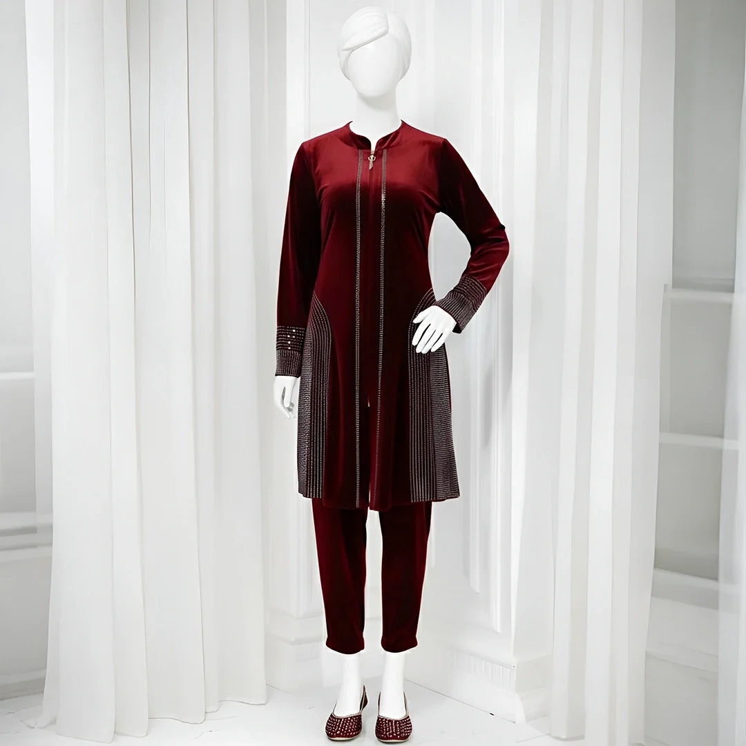 Maroon - Attractive Stone Work Velvet Co-Ord Set