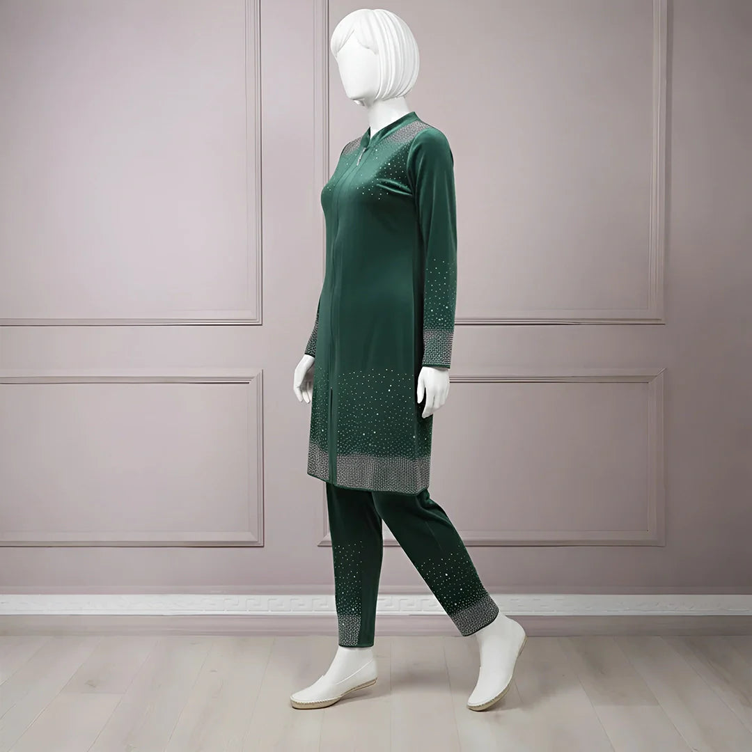 Premium Sea Green Velvet Co-Ord with Stone Detailing