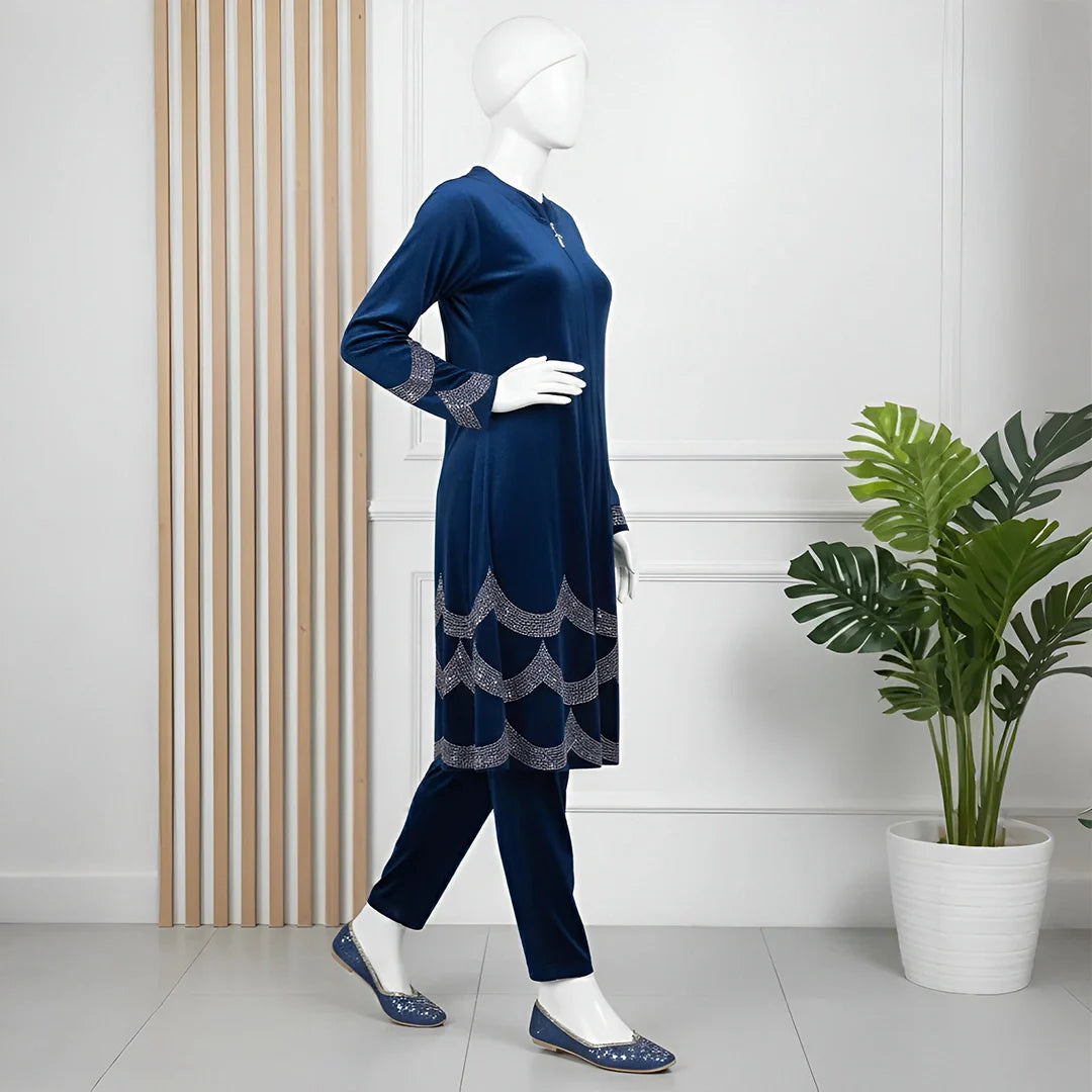 Blue - Velvet Co-Ord with Intricate Stone Work