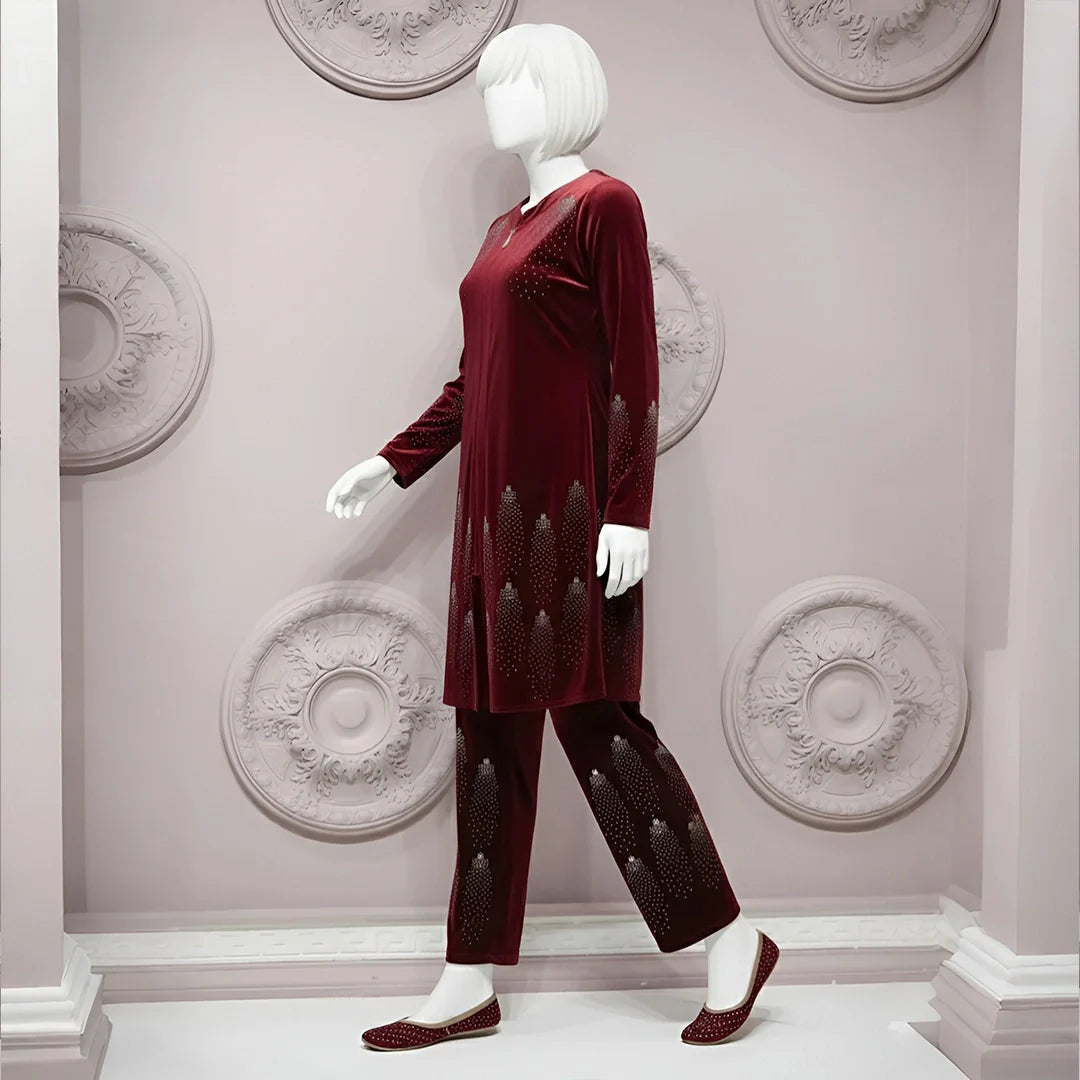 Maroon - Velvet Co-Ord Set with Stone Detailing