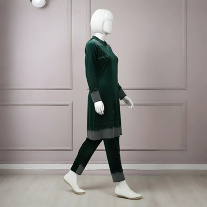 Premium Sea Green Velvet Co-Ord with Stone Detailing