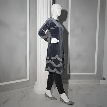 Grey - Velvet Co-Ord with Intricate Stone Work