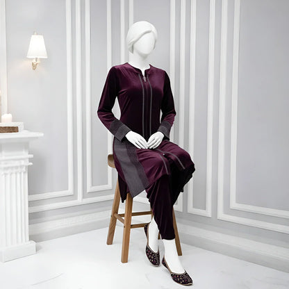 Wine - Attractive Stone Work Velvet Co-Ord Set