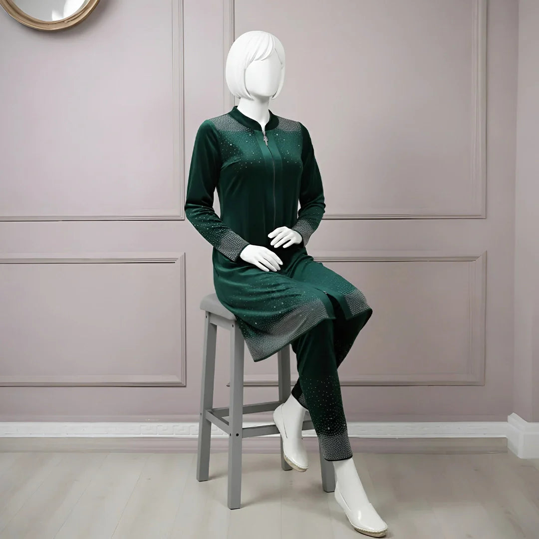 Premium Sea Green Velvet Co-Ord with Stone Detailing
