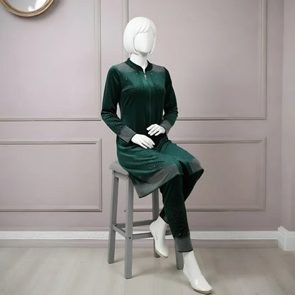 Premium Sea Green Velvet Co-Ord with Stone Detailing