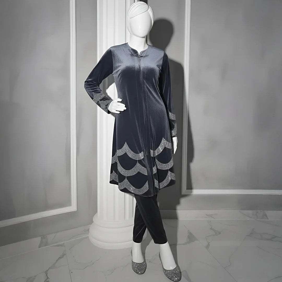 Grey - Velvet Co-Ord with Intricate Stone Work