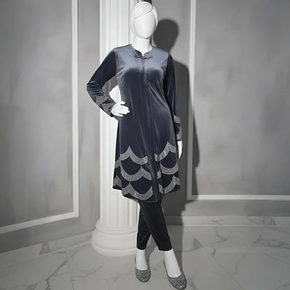 Grey - Velvet Co-Ord with Intricate Stone Work