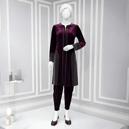 Wine - Attractive Stone Work Velvet Co-Ord Set