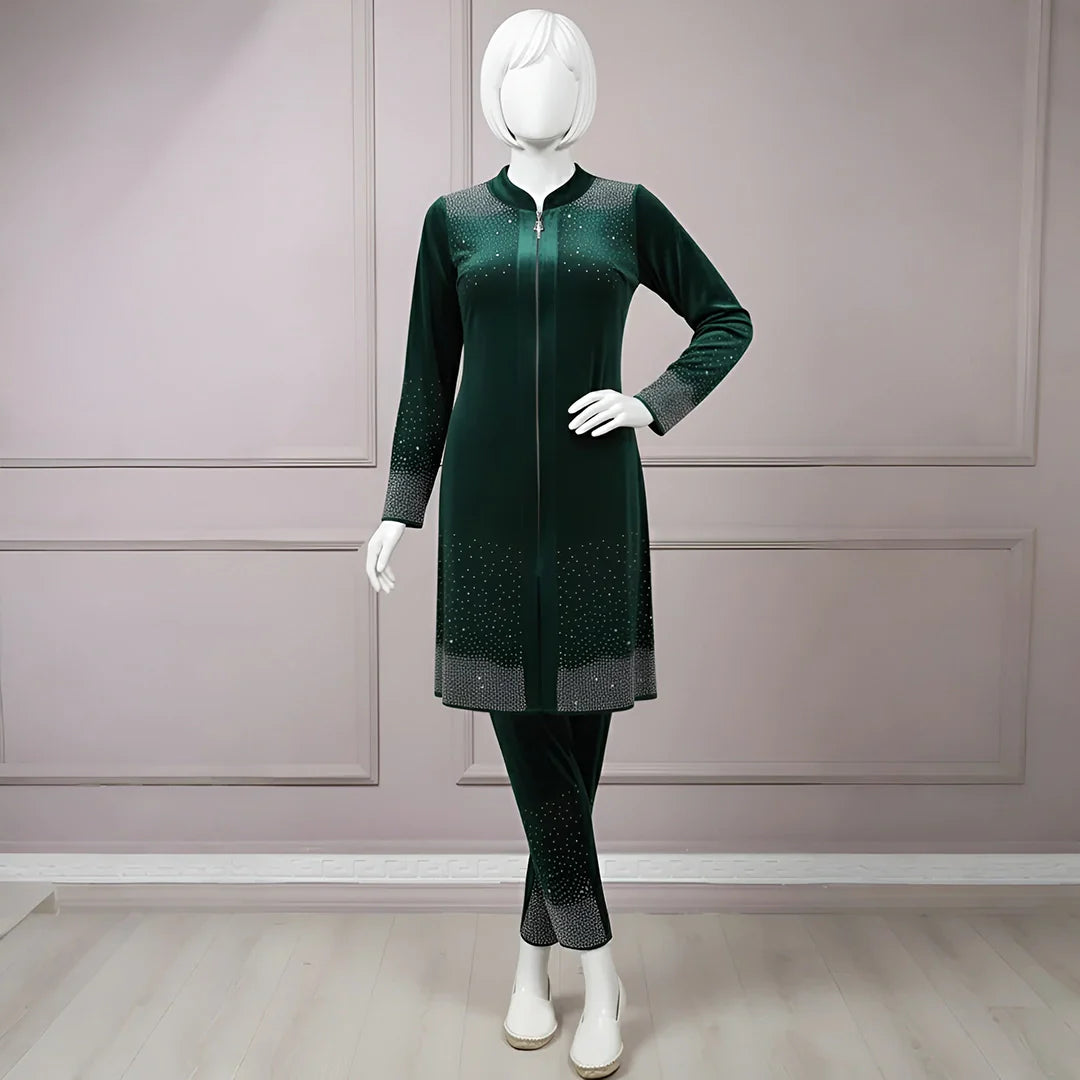 Premium Sea Green Velvet Co-Ord with Stone Detailing