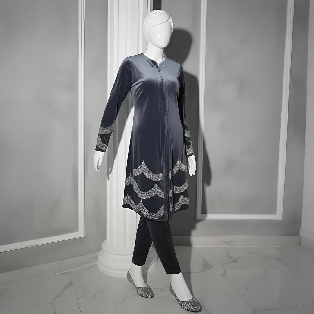 Grey - Velvet Co-Ord with Intricate Stone Work