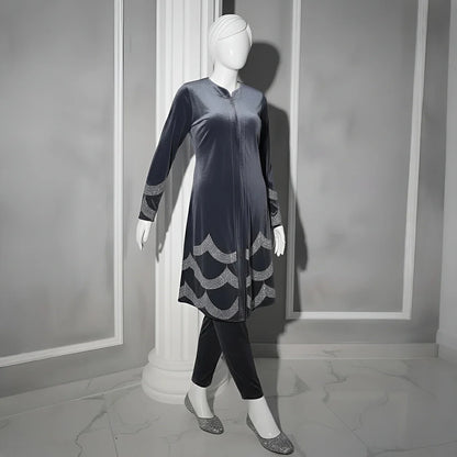 Grey - Velvet Co-Ord with Intricate Stone Work