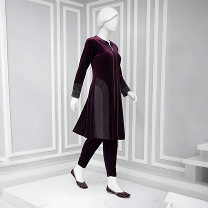 Wine - Attractive Stone Work Velvet Co-Ord Set