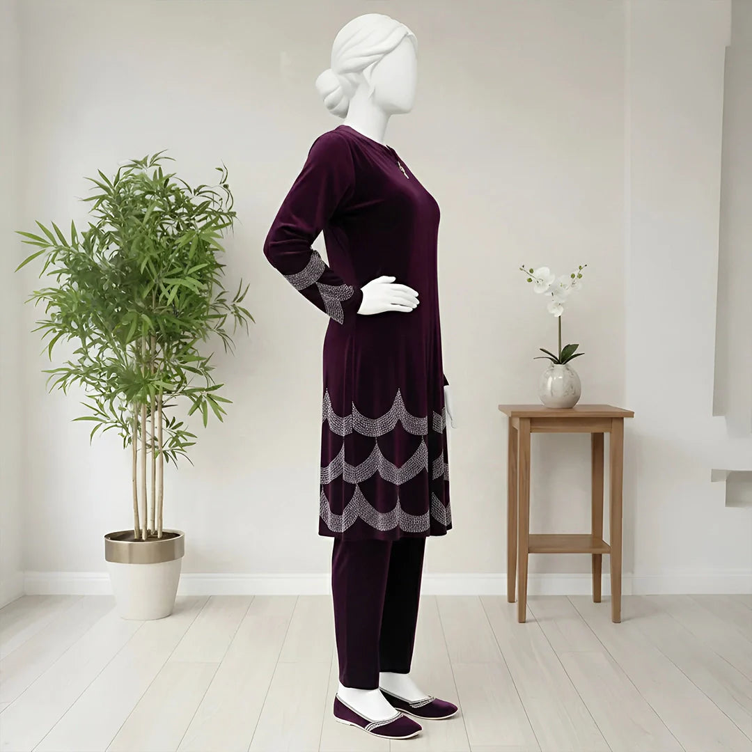 Wine - Velvet Co-Ord with Intricate Stone Work