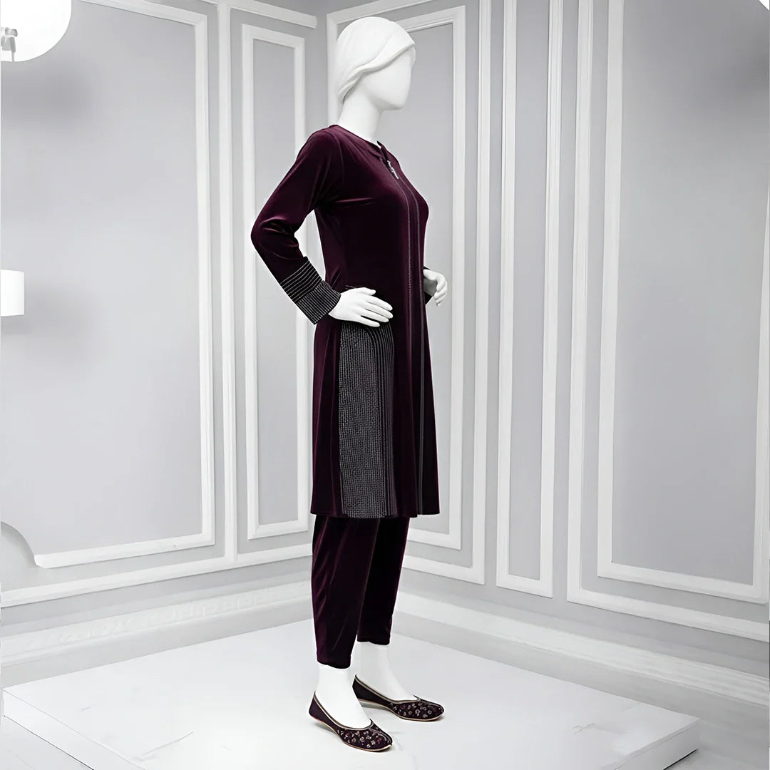 Wine - Attractive Stone Work Velvet Co-Ord Set