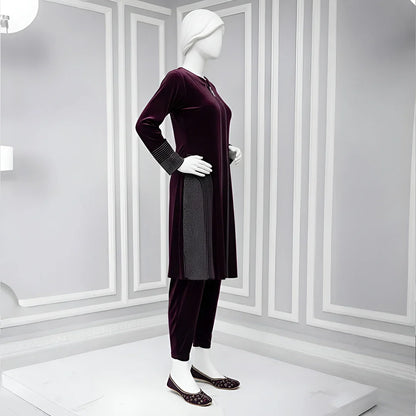 Wine - Attractive Stone Work Velvet Co-Ord Set