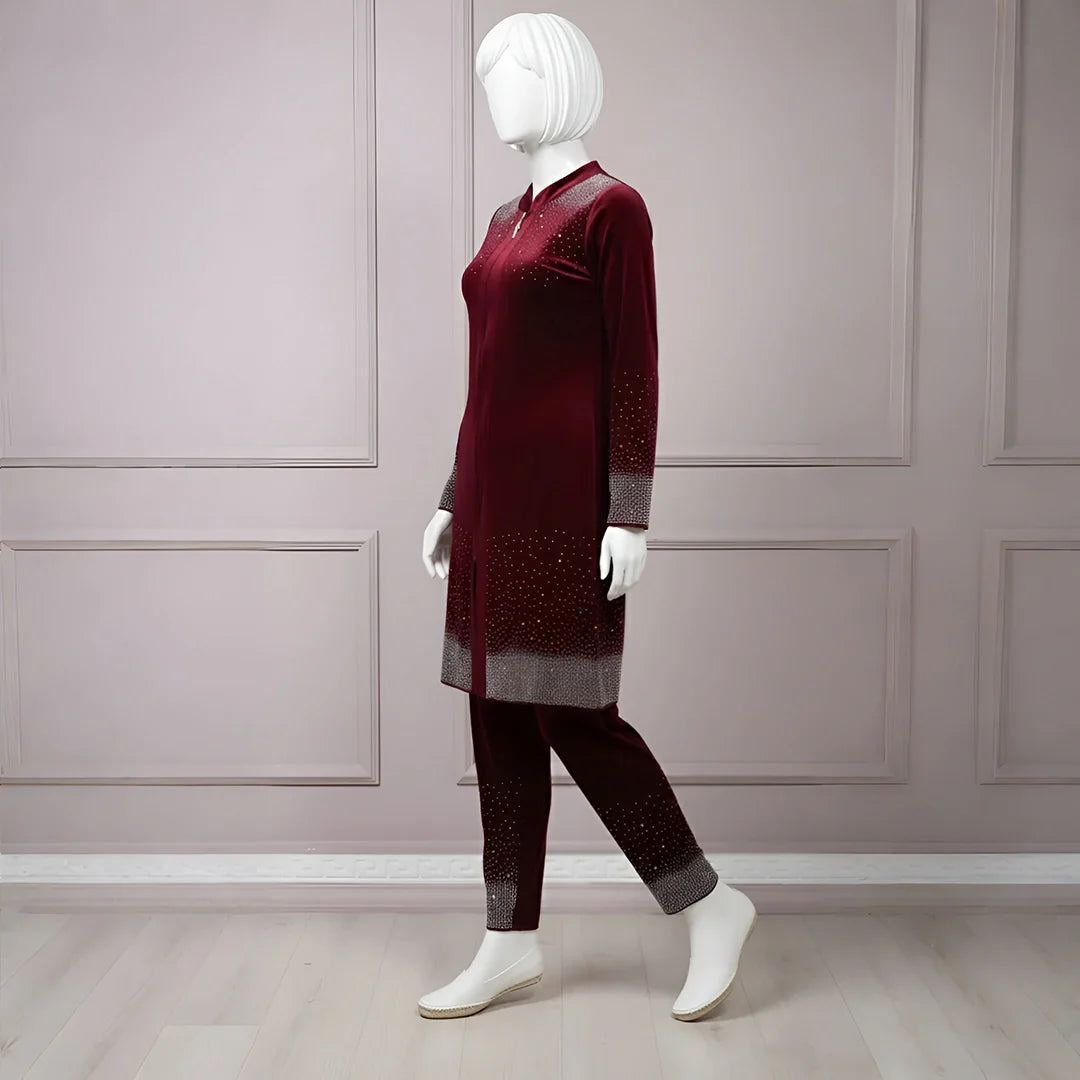 Premium Maroon Velvet Co-Ord with Stone Detailing
