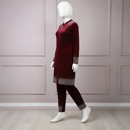 Premium Maroon Velvet Co-Ord with Stone Detailing