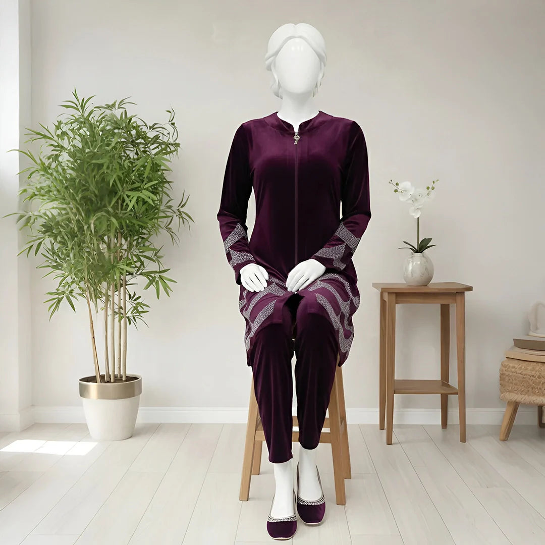 Wine - Velvet Co-Ord with Intricate Stone Work