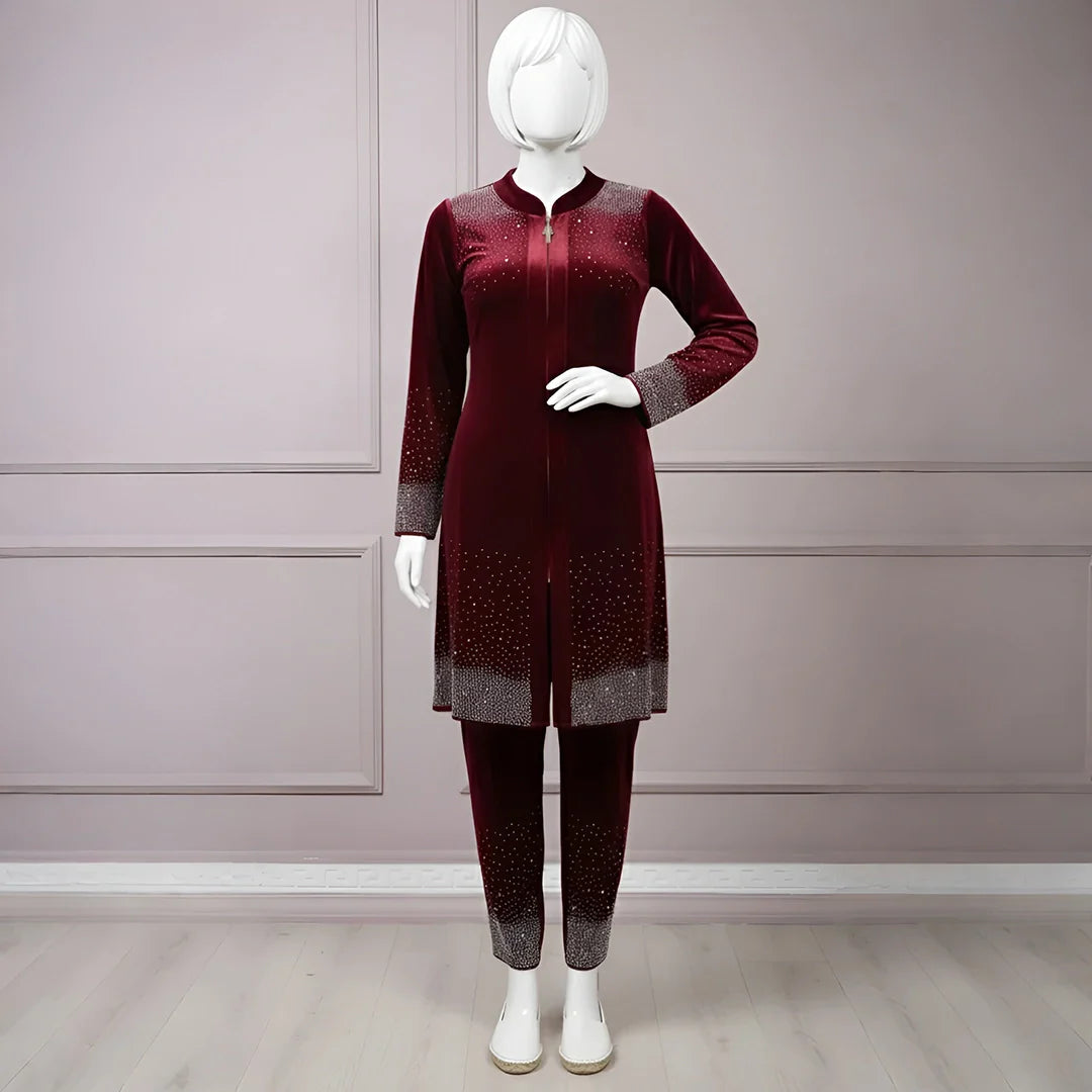 Premium Maroon Velvet Co-Ord with Stone Detailing