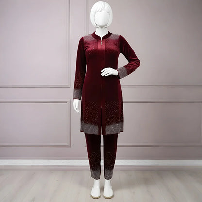 Premium Maroon Velvet Co-Ord with Stone Detailing