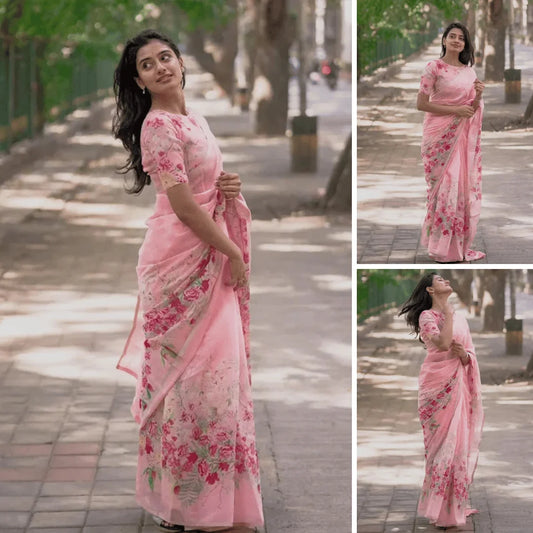 Exquisite Floral Printed Pink Sharee