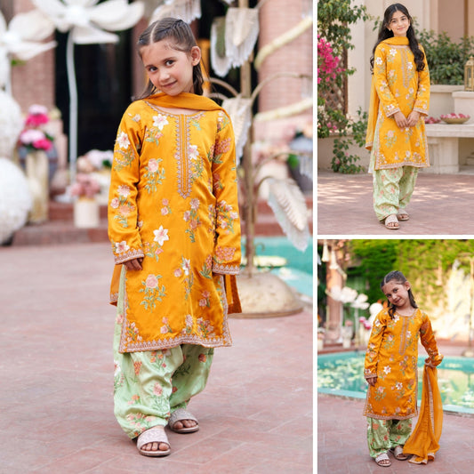 Kesari-Embroidered Farshi-3 Piece Kids Set