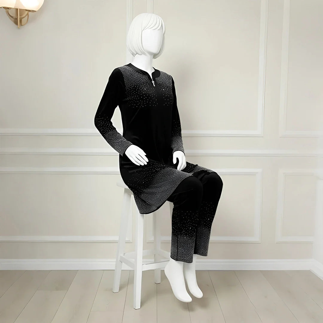 Premium Black Velvet Co-Ord with Stone Detailing